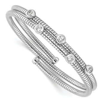 Sterling Silver Rhod-plated Textured CZ Moveable Wrap Bangle Bracelet