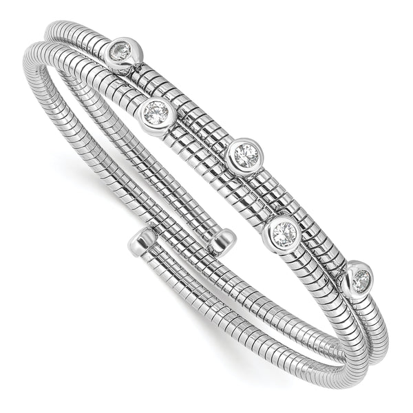 Sterling Silver Rhod-plated Textured CZ Moveable Wrap Bangle Bracelet