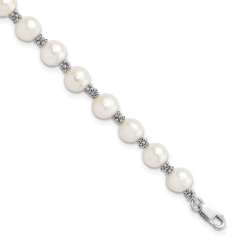 Sterling Silver Rhodium-plated White FW Cultured Pearl Bracelet - Birthstone Company
