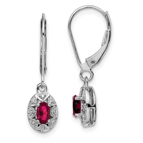 Sterling Silver Rhodium Dangle Earrings with Lab Ruby & Diamond
