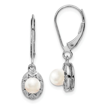 Sterling Silver Rhodium-Plated Pearl & Diamond Drop Earrings