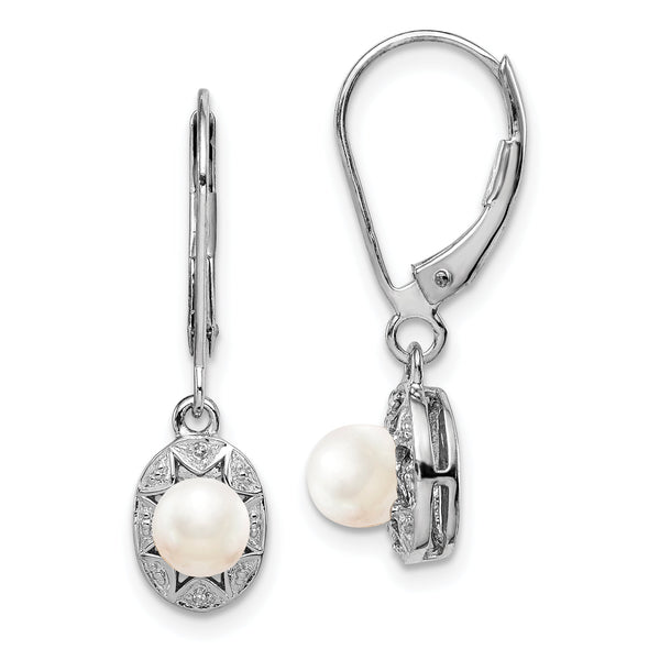 Sterling Silver Rhodium-Plated Pearl & Diamond Drop Earrings