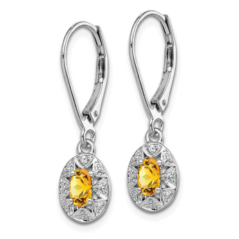 Sterling Silver Rhodium-Plated Citrine and Diamond Drop Earrings November Birthstone
