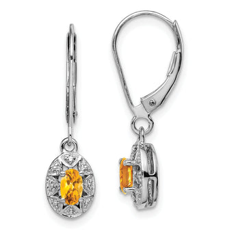 Sterling Silver Rhodium-Plated Citrine and Diamond Drop Earrings November Birthstone
