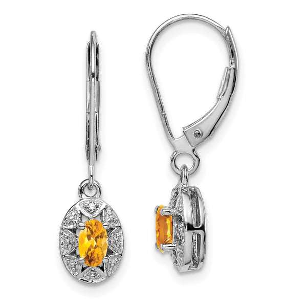 Sterling Silver Rhodium-Plated Citrine and Diamond Drop Earrings November Birthstone