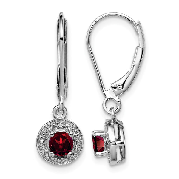 Sterling Silver Rhodium-Plated Garnet & Diamond Drop Earrings Polished Finish - Birthstone Company