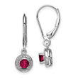 Sterling Silver Rhodium Plated Ruby and Diamond Halo Dangle Earrings Elegant July Birthstone