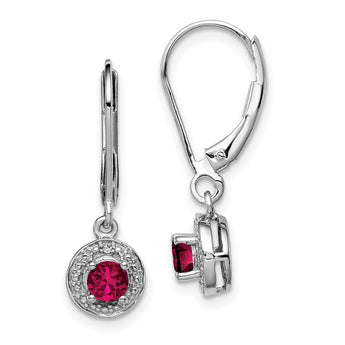 Sterling Silver Rhodium Plated Ruby and Diamond Halo Dangle Earrings Elegant July Birthstone