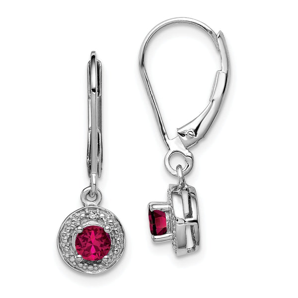 Sterling Silver Rhodium Plated Ruby and Diamond Halo Dangle Earrings Elegant July Birthstone