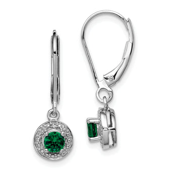 Sterling Silver Rhodium-Plated Drop Earrings with Created Emerald & Diamond