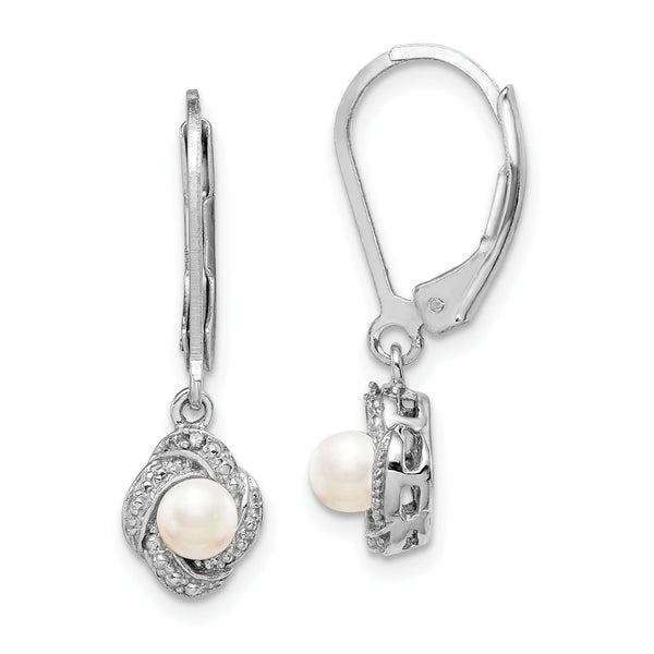 Sterling Silver Rhodium-Plated Pearl & Diamond Drop Earrings with Leverback Closure