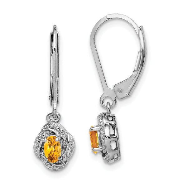 925 Sterling Silver Citrine & Diamond Drop Earrings with Polished Rhodium Finish