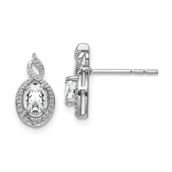 Sterling Silver 925 White Topaz & Diamond Button Earrings Rhodium-Plated Oval Design