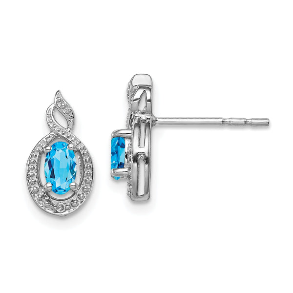 Sterling Silver Rhodium-Plated Blue Topaz & Diamond Button Earrings Elegant Birthstone Design
