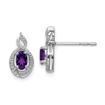 Sterling Silver 925 Amethyst & Diamond Button Earrings with Rhodium Plating