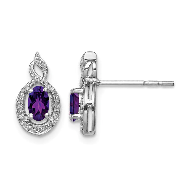 Sterling Silver 925 Amethyst & Diamond Button Earrings with Rhodium Plating - Birthstone Company