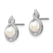 Sterling Silver 925 Rhodium-Plated Pearl & Diamond Button Earrings Elegant June Birthstone