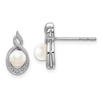 Sterling Silver 925 Rhodium-Plated Pearl & Diamond Button Earrings Elegant June Birthstone