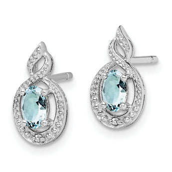 Sterling Silver 925 Aquamarine & Diamond Rhodium-Plated Button Earrings
