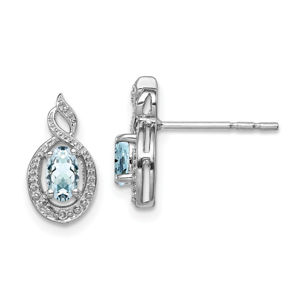 Sterling Silver 925 Aquamarine & Diamond Rhodium-Plated Button Earrings