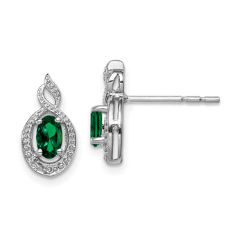 Sterling Silver Rhodium-Plated Emerald & Diamond Button Earrings Elegant May Birthstone Design