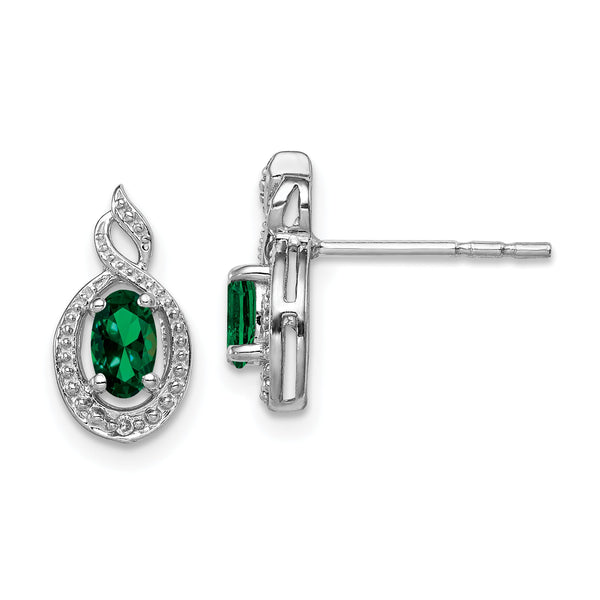 Sterling Silver Rhodium-Plated Emerald & Diamond Button Earrings Elegant May Birthstone Design