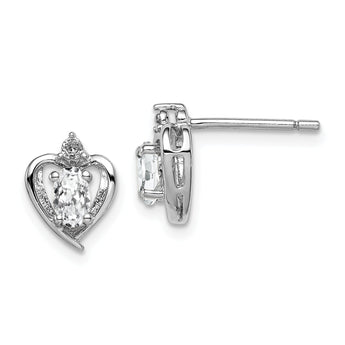 Sterling Silver Rhodium-Plated Oval White Topaz & Diamond Earrings Prong Set, Elegant Women's Birthstone Style