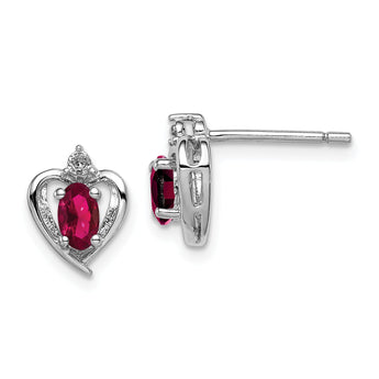 Sterling Silver Rhodium-Plated Ruby & Diamond Button Earrings Elegant Prong Set