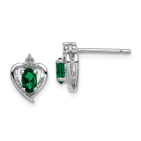 Sterling Silver Rhodium-Plated Emerald & Diamond Earrings Elegant Birthstone Design