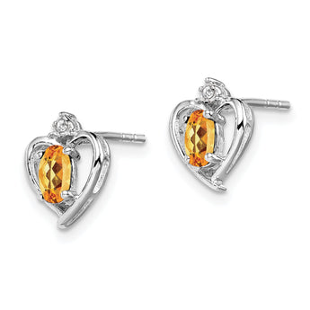 Sterling Silver Rhodium-Plated Citrine & Diamond Oval Earrings