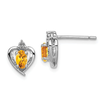 Sterling Silver Rhodium-Plated Citrine & Diamond Oval Earrings