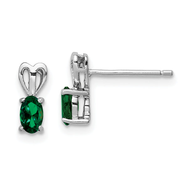 Sterling Silver Rhodium-Plated Created Emerald Earrings for Women Polished Oval Cut