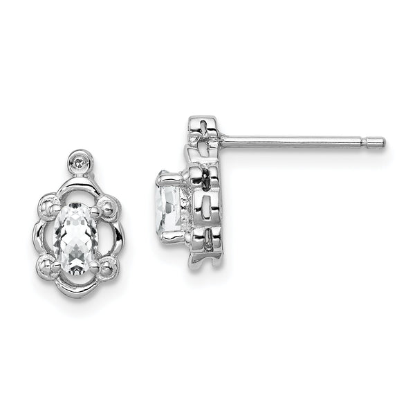 Sterling Silver 925 White Topaz & Diamond Earrings with Rhodium Finish Elegant Oval Design