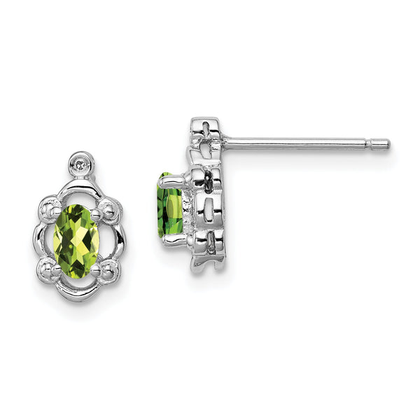 Sterling Silver Rhodium-Plated Peridot & Diamond Earrings Polished, Natural Stones