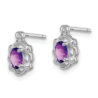 Sterling Silver Rhodium-Plated Amethyst & Diamond Earrings Polished Oval Design