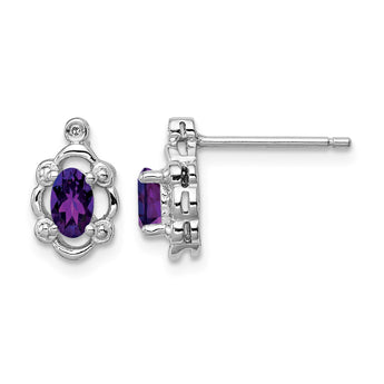 Sterling Silver Rhodium-Plated Amethyst & Diamond Earrings Polished Oval Design - Birthstone Company