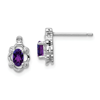 Sterling Silver Rhodium-Plated Amethyst & Diamond Earrings Polished Oval Design