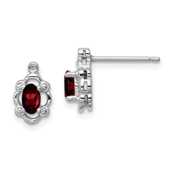 Sterling Silver Rhodium-Plated Garnet & Diamond Button Earrings Elegant Birthstone Design