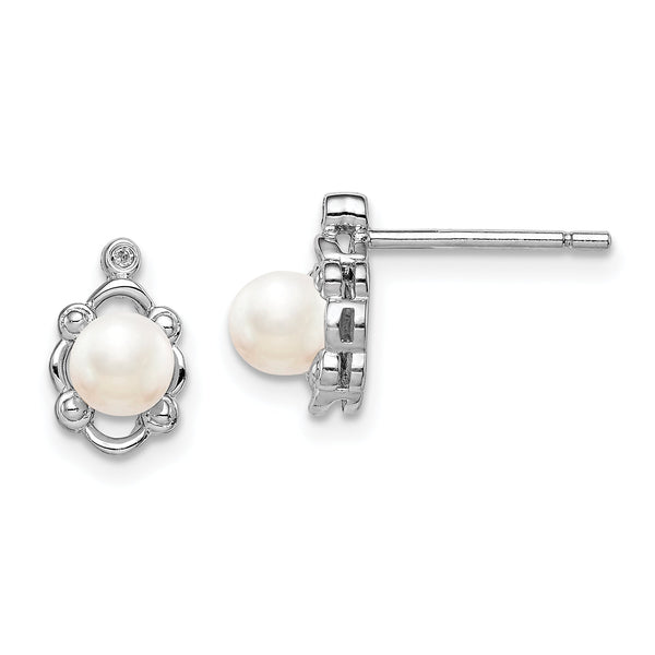 Sterling Silver Rhodium-Plated Pearl & Diamond Button Earrings Elegant June Birthstone Design