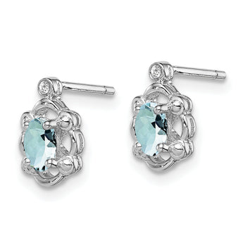 925 Sterling Silver Rhodium-Plated Aquamarine & Diamond Button Earrings Polished & March Birthstone