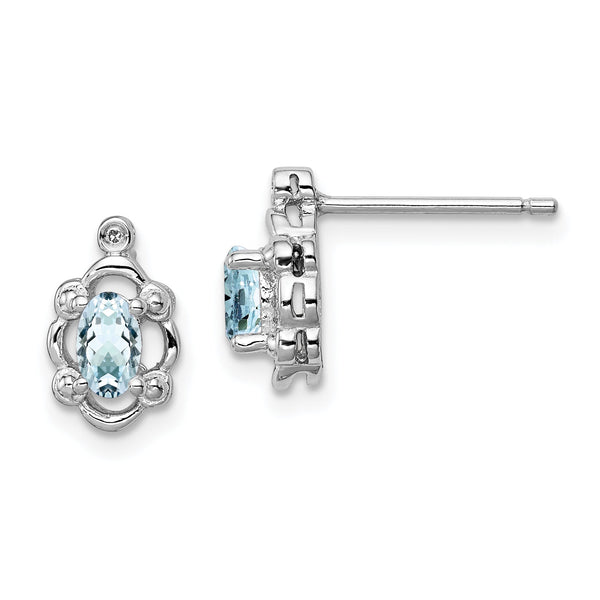 925 Sterling Silver Rhodium-Plated Aquamarine & Diamond Button Earrings Polished & March Birthstone