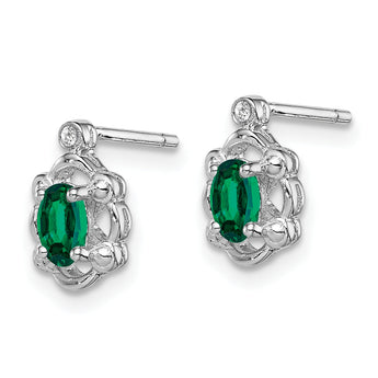 Rhodium-Plated Sterling Silver Emerald & Diamond Earrings Polished Oval Gem