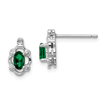 Rhodium-Plated Sterling Silver Emerald & Diamond Earrings Polished Oval Gem