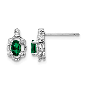 Rhodium-Plated Sterling Silver Emerald & Diamond Earrings Polished Oval Gem - Birthstone Company