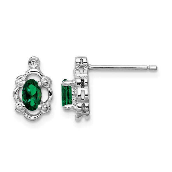 Rhodium-Plated Sterling Silver Emerald & Diamond Earrings Polished Oval Gem - Birthstone Company