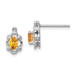 Sterling Silver Rhodium-Plated Citrine & Diamond Button Earrings Polished Oval Design