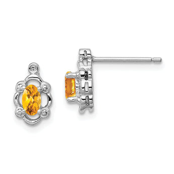 Sterling Silver Rhodium-Plated Citrine & Diamond Button Earrings Polished Oval Design