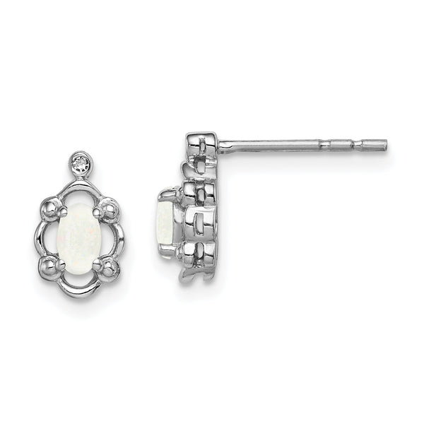 Sterling Silver Rhodium-Plated Opal & Diamond Earrings with Polished Finish