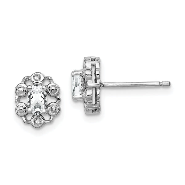 Sterling Silver 925 Rhodium-Plated White Topaz & Diamond Button Earrings