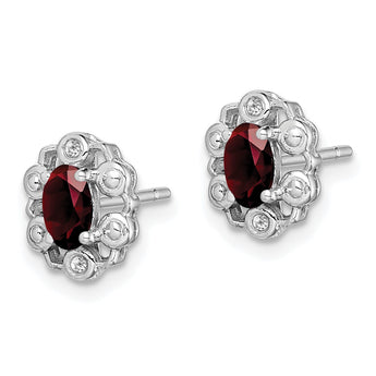 Sterling Silver Rhodium-Plated Garnet & Diamond Earrings Polished Oval Design - Birthstone Company